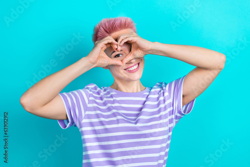 Photo of young cute girl heart showing symbol fingers sympathy send romantic flirt for boyfriend isolated on aquamarine color background