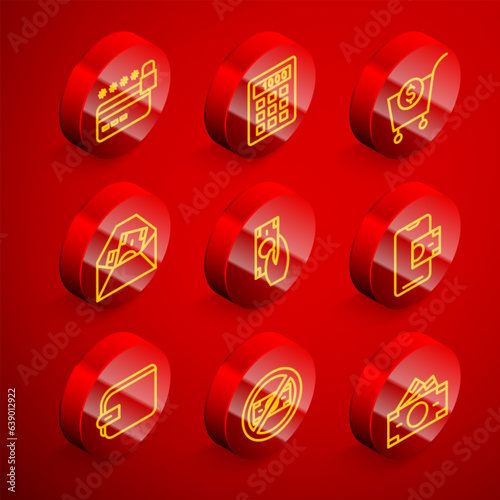 Set line Credit card with lock, Calculator, Shopping cart and dollar, Envelope symbol, Fast payments, Mobile banking, Wallet and No money icon. Vector
