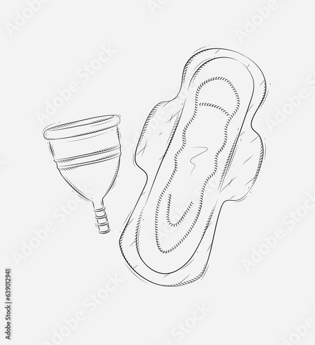 Menstrual cup and women sanitary pad composition drawing on grey background