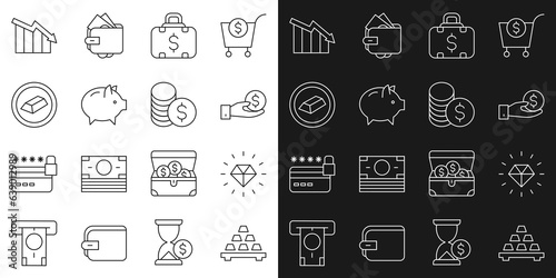 Set line Gold bars, Diamond, Hand giving money, Briefcase, Piggy bank, Financial growth decrease and Coin with dollar icon. Vector