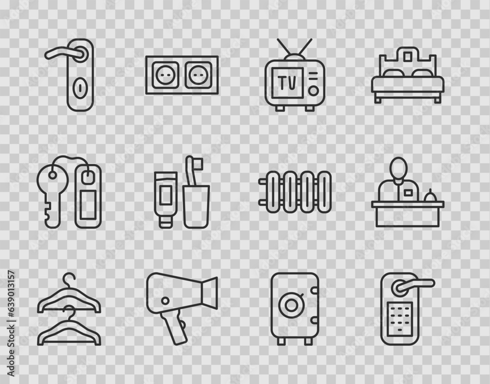 Set line Hanger wardrobe, Digital door lock, Retro tv, Hair dryer, Door handle, Toothbrush toothpaste, Safe and Hotel reception desk icon. Vector Set line Hanger wardrobe, Digital door lock, Retro tv, Hair dryer, Door handle, Toothbrush toothpaste, Safe and Hotel reception desk icon. Vector