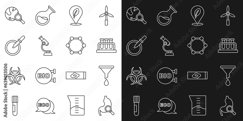 Set line Stomach with magnifying glass, Funnel or filter, Test tube and flask, Location leaf, Microscope, Petri dish pipette, Magnifying globe and Molecule icon. Vector