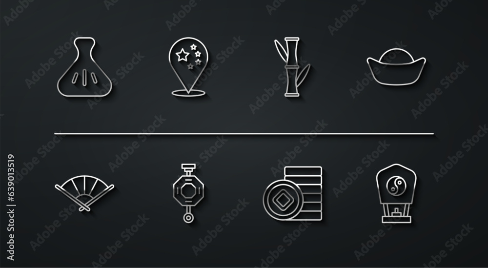 Set line Dumpling, Chinese or japanese folding fan, Sushi, Yuan currency, paper lantern, China flag, and Bamboo icon. Vector Set line Dumpling, Chinese or japanese folding fan, Sushi, Yuan currency, paper lantern, China flag, and Bamboo icon. Vector