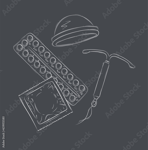 Women diaphragm, intrauterine device for contraception, pack of condom and birth control pills composition drawing on black background