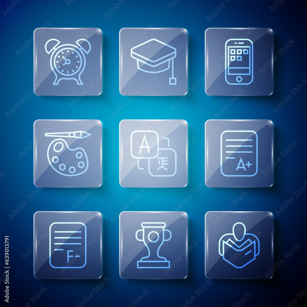 Set line Exam paper with incorrect answers, Award cup, Man reading book, Smartphone, Translator, Paint brush palette, Alarm clock and sheet plus grade icon. Vector
