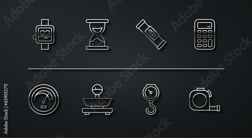 Set line Smart watch, Speedometer, Calculator, Hand scale spring mechanical, Scales, Old hourglass with sand, Roulette construction and Construction bubble level icon. Vector
