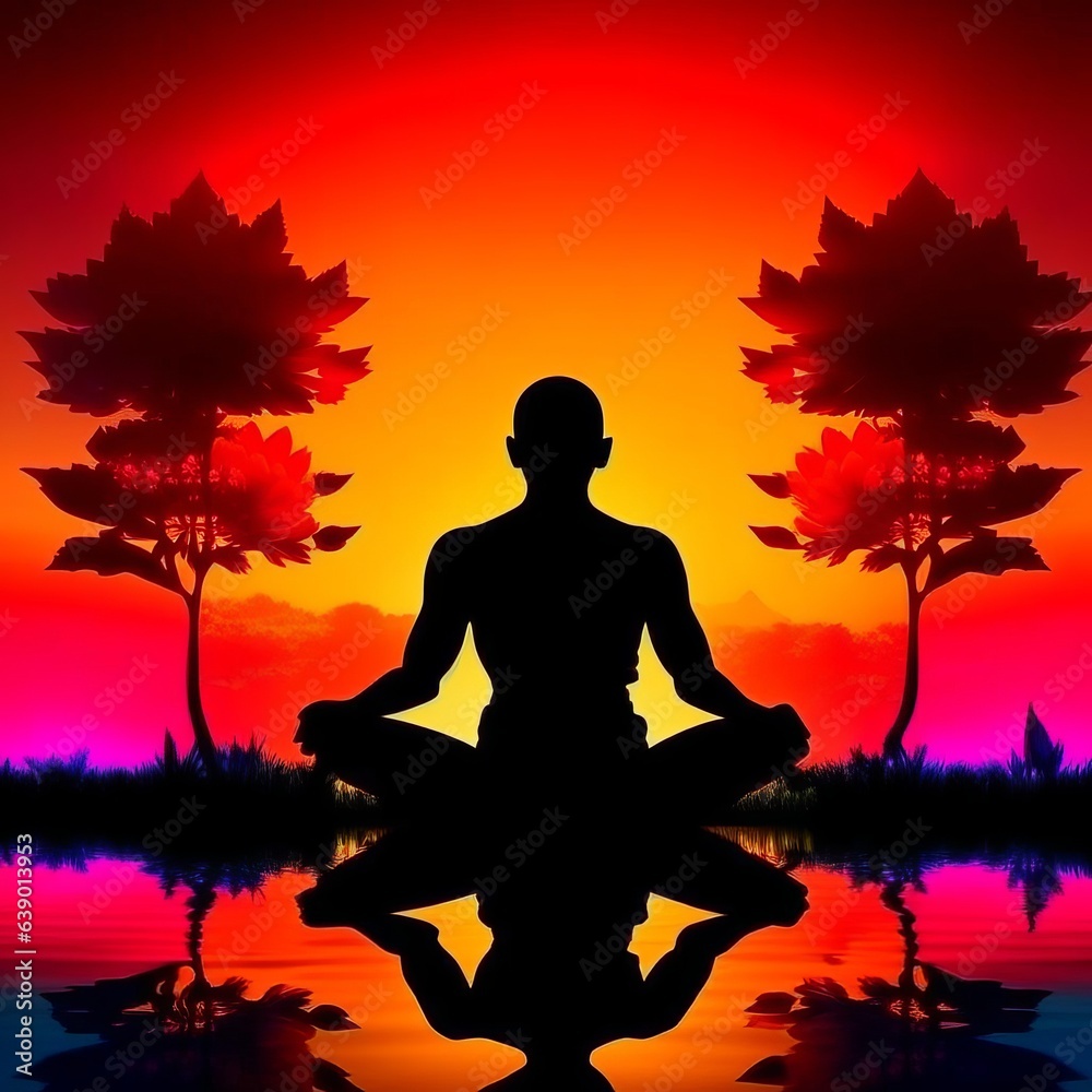 A man sits in a lotus position against the background of a sunset.