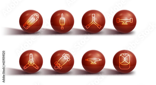 Set line Skateboard deck, Y-tool, wheel, Longboard or skateboard, Screwdriver, Baseball cap and icon. Vector