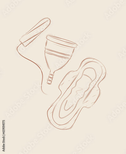 Tampon, women sanitary pad and menstrual cup composition drawing on beige background