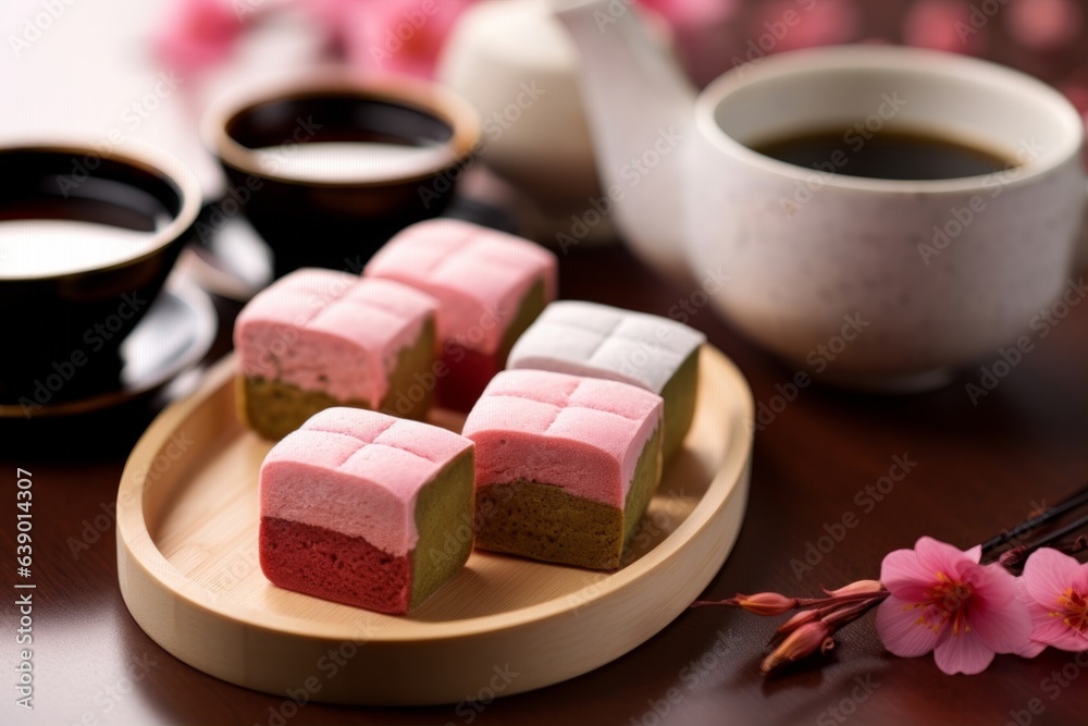 Matcha mochi, showcasing its vibrant green color and smooth texture, situated amongst a traditional Japanese tea set Matcha mochi, showcasing its vibrant green color and smooth texture, situated amongst a traditional Japanese tea set