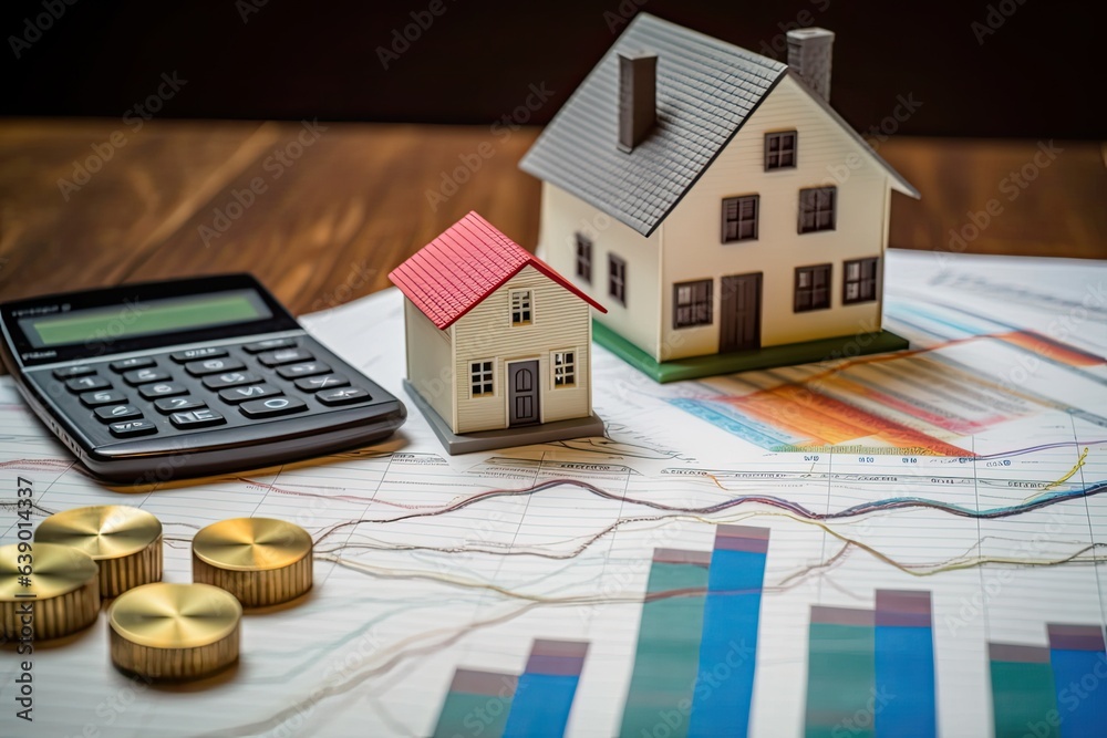 House model on financial graph. Photo generative AI House model on financial graph. Photo generative AI