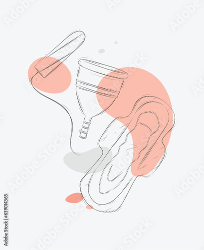 Tampon, women sanitary pad and menstrual cup composition drawing with splash on grey background