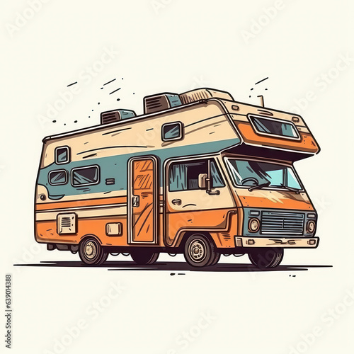 A cartoon illustration of a camper van. Generative AI.