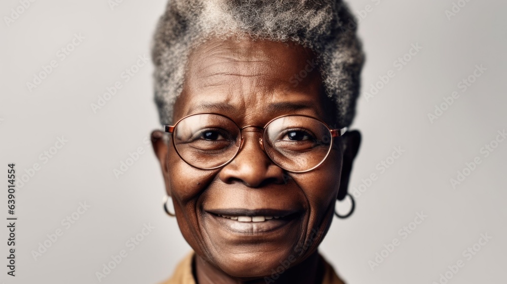 A studio portrait featuring a joyful senior African American woman with beaming smile. Generative AI A studio portrait featuring a joyful senior African American woman with beaming smile. Generative AI
