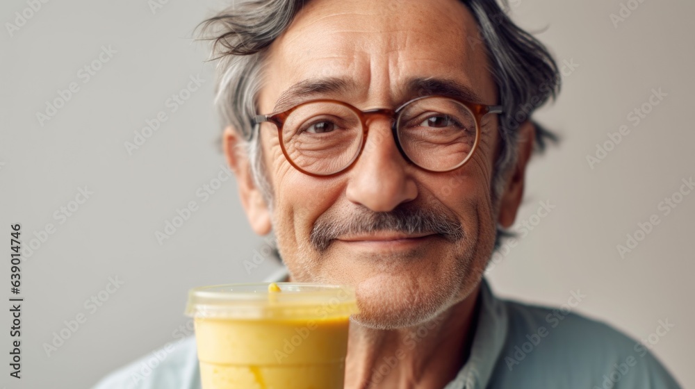 A smiling senior man in stylish neutral clothes enjoys a healthy smoothie in a studio. Generative AI A smiling senior man in stylish neutral clothes enjoys a healthy smoothie in a studio. Generative AI