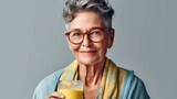 An elderly woman, dressed in fashionable neutrals, smiles with a smoothie in a studio image. Generative AI