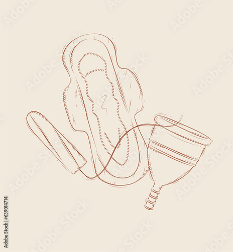Tampon, women sanitary pad and menstrual cup set drawing on beige background