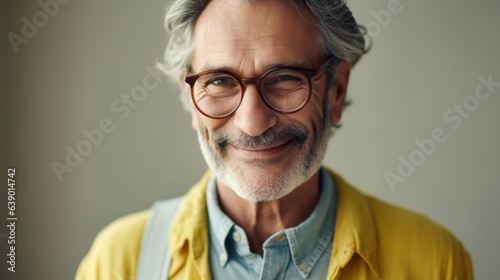 A smiling senior man in stylish neutral clothes enjoys a healthy smoothie in a studio. Generative AI