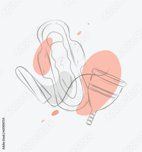 Tampon, women sanitary pad and menstrual cup set drawing with splash on grey background
