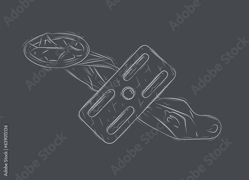 Unpacked condom and birth control pill composition drawing on black background