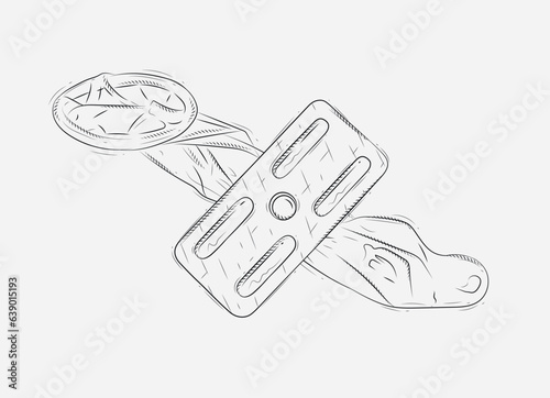 Unpacked condom and birth control pill composition drawing on grey background