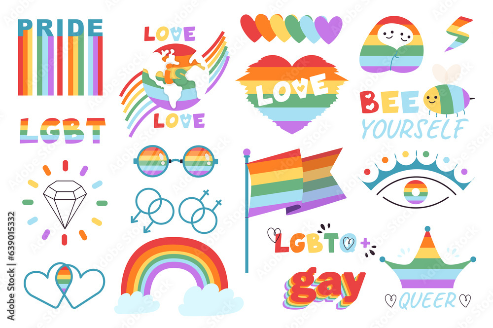 LGBT mega set in graphic flat design. Bundle elements of rainbow symbols of LGBTQ movement, love and hearts, venus and mars signs, diamond, be yourself and other. Illustration isolated stickers