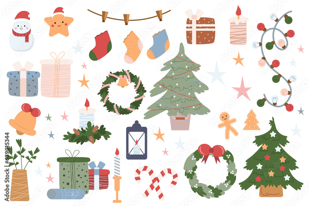 Christmas holiday 2024 mega set in graphic flat design. Bundle elements of gingerbread, candles, sweater, festive tree, pine branch, mittens, toys and other decor. Illustration isolated stickers