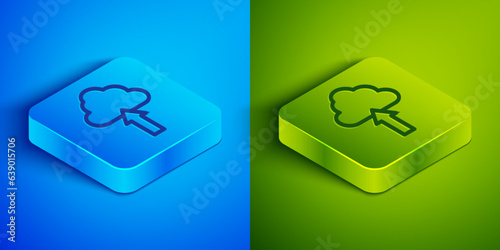 Isometric line Cloud upload icon isolated on blue and green background. Square button. Vector