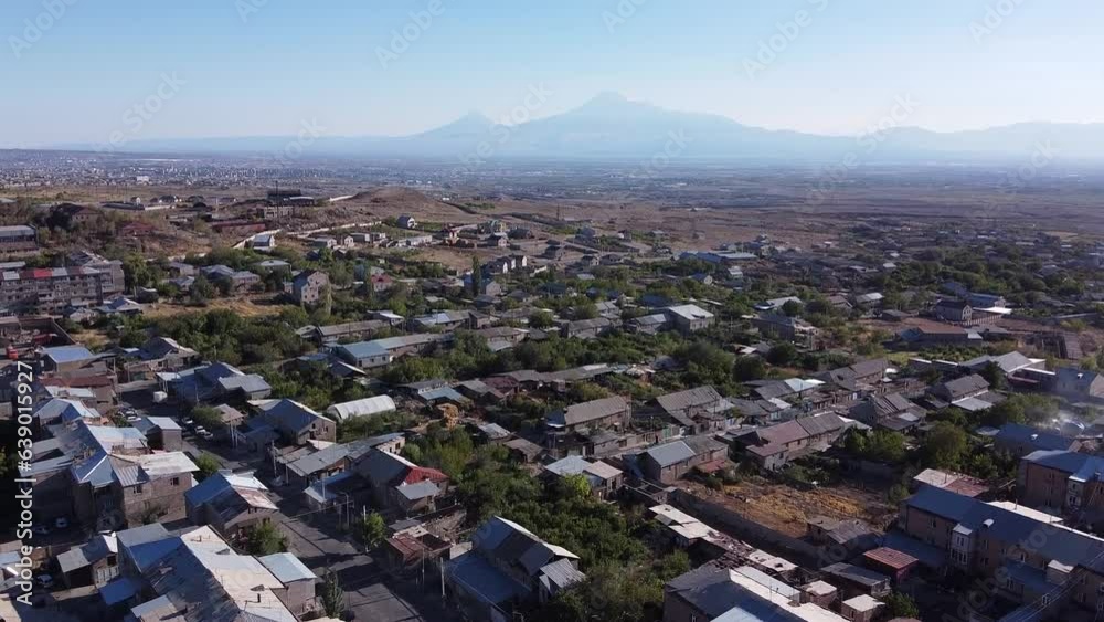 Yerevan, Armenia, 25.09.2022 - Flying over the suburbs of Yerevan, Ararat view Yerevan, Armenia, 25.09.2022 - Flying over the suburbs of Yerevan, Ararat view