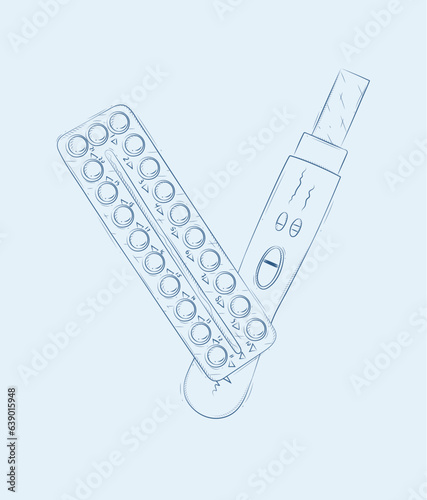 Pregnancy or ovulation test and birth control pills composition drawing on blue background