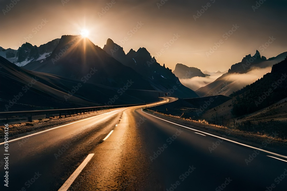 An atmospheric twilight shot of an asphalt road traversing a mountain pass