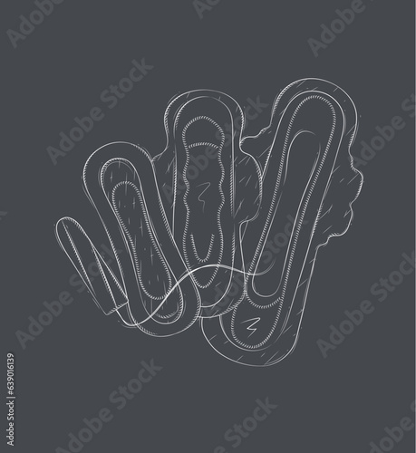 Tampon and types of women sanitary pads composition drawing on black background