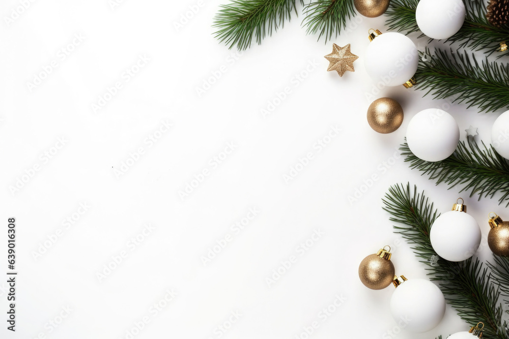 Christmas decoration with fir branches and baubles on a white background with copy space. AI generated Christmas decoration with fir branches and baubles on a white background with copy space. AI generated