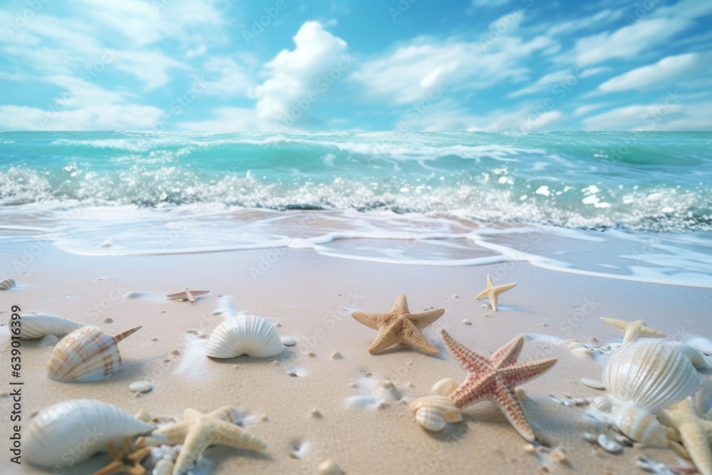 Sandy beach with collections of seashells and starfish as natural textured background. Generative AI Sandy beach with collections of seashells and starfish as natural textured background. Generative AI