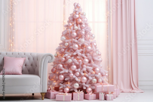 Pink christmas tree and decorations. Christmas background. AI generated