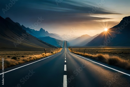 An atmospheric twilight shot of an asphalt road traversing a mountain pass © malik