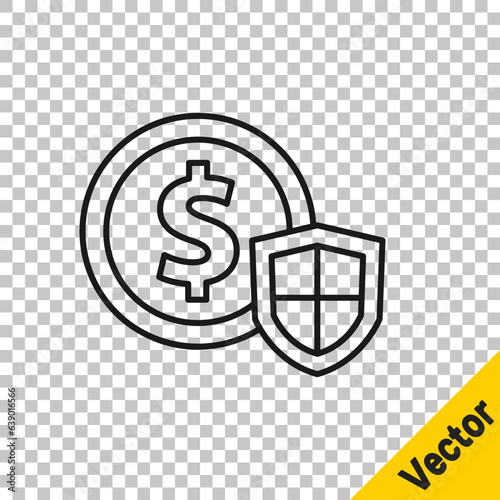 Black line Money with shield icon isolated on transparent background. Insurance concept. Security, safety, protection, protect concept. Vector