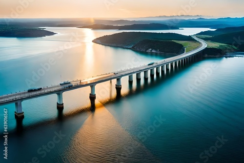 Aerial photograph capturing a majestic cross-sea bridge spanning the horizon photo