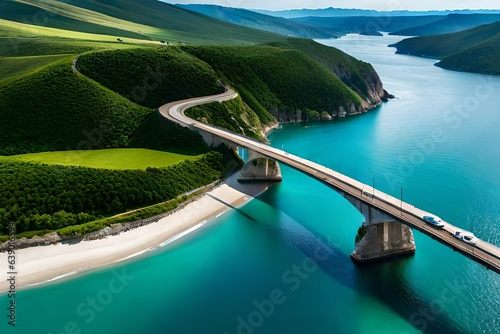 Aerial photograph capturing a majestic cross-sea bridge spanning the horizon