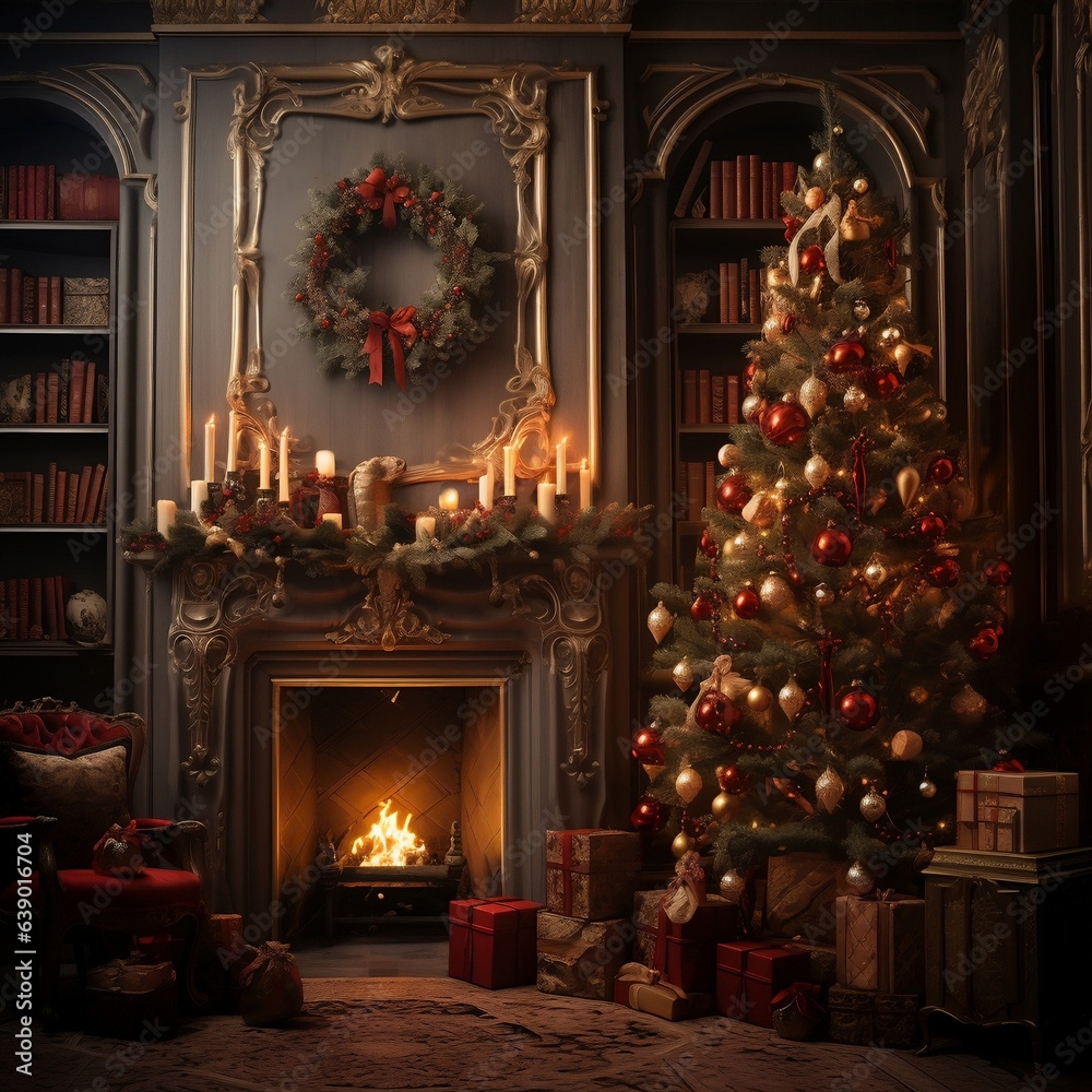 Ideal cozy festive room with a fire place decorated for Christmas