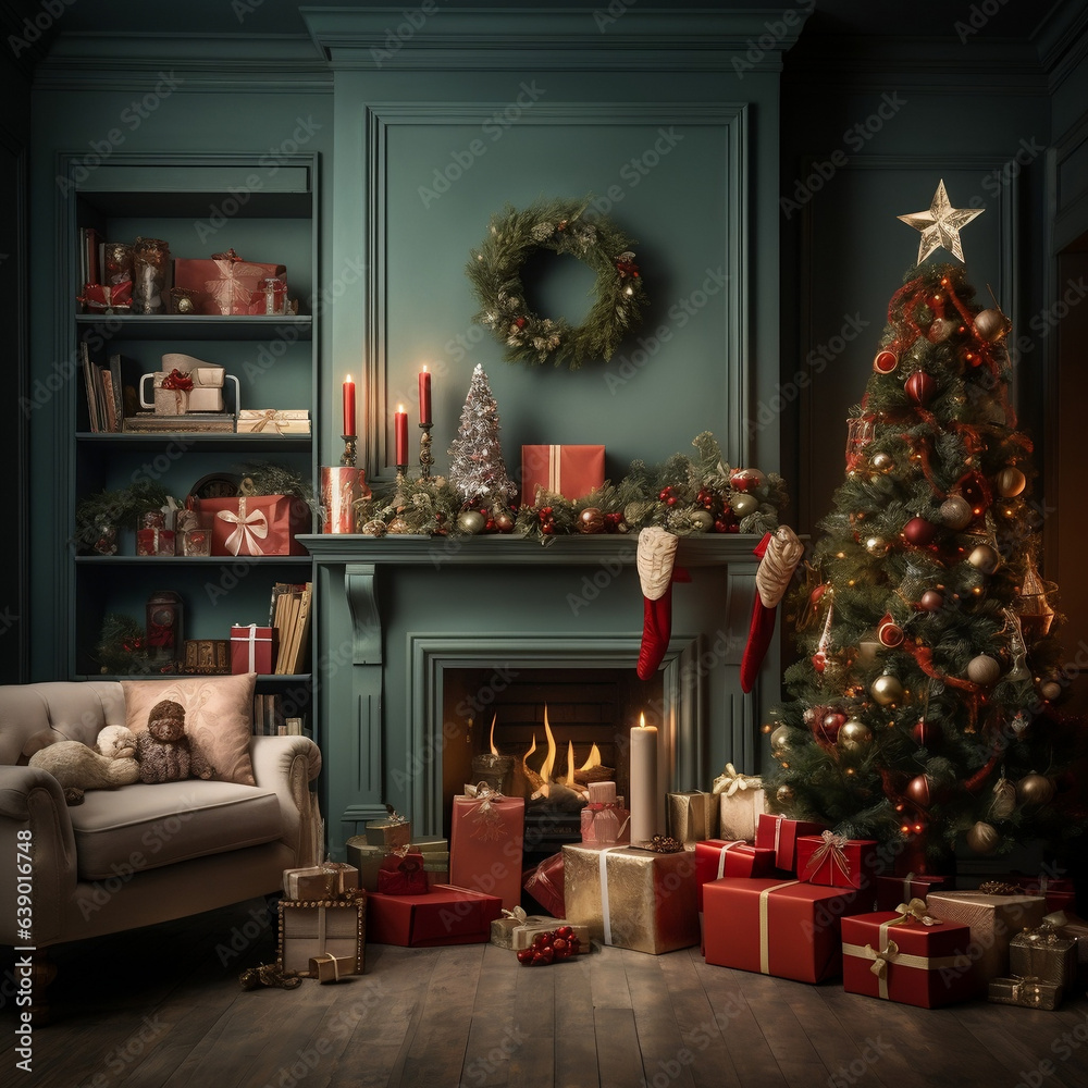 Ideal cozy festive room with a fire place decorated for Christmas