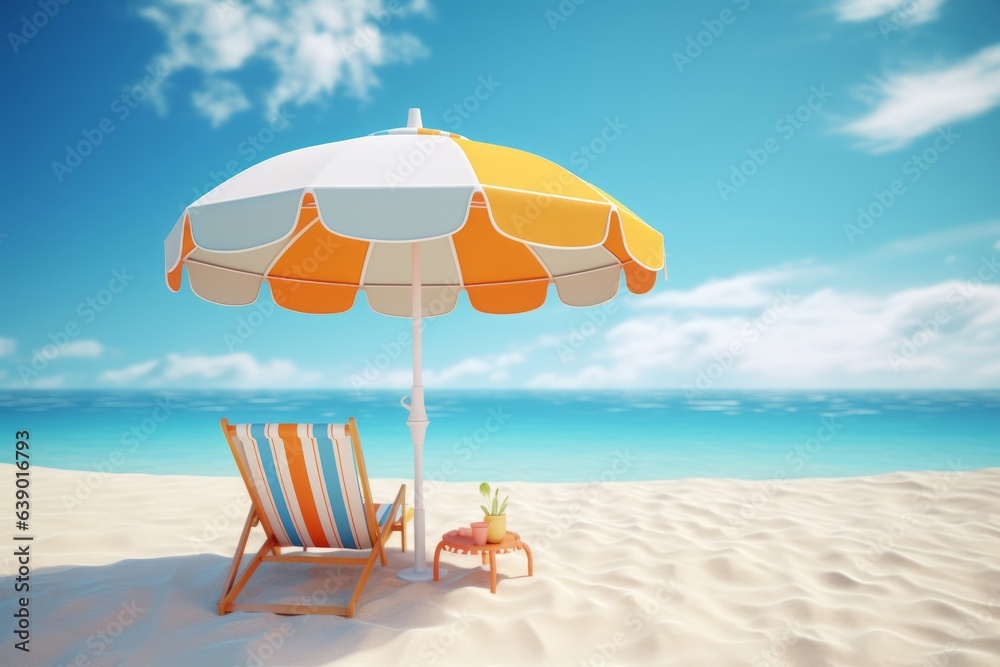 A pair of beach chair or beach loungers on sand at the beach with umbrella generative ai
