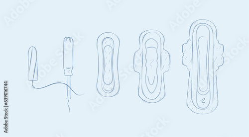 Women sanitary pads and tampons set drawing on blue background