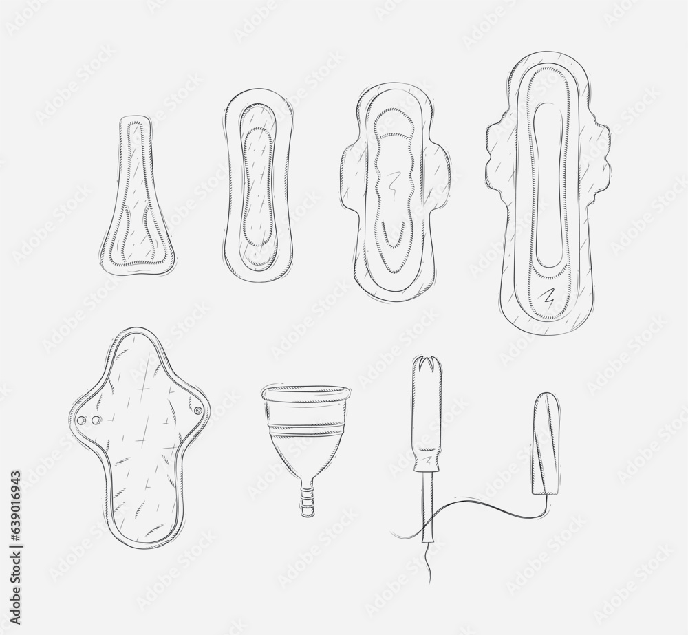 Women periods tools tampon, sanitary pad, menstrual cup drawing on grey background