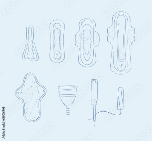 Women periods tools tampon, sanitary pad, menstrual cup drawing on blue background