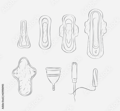 Obraz na płótnie Women periods tools tampon, sanitary pad, menstrual cup drawing on grey background w salonie