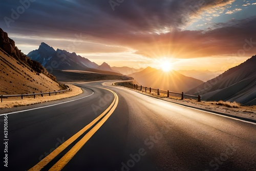 An atmospheric twilight shot of an asphalt road traversing a mountain pass © malik