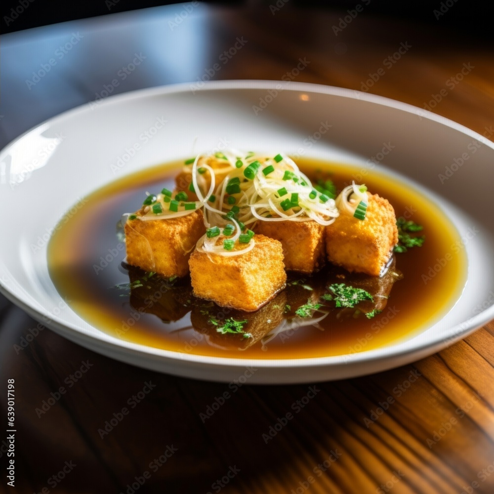 fried tofu with dashi-based sauce, golden brown tofu glistening with umami-rich broth nicely garnished with thinly chopped scallions fried tofu with dashi-based sauce, golden brown tofu glistening with umami-rich broth nicely garnished with thinly chopped scallions
