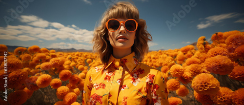 editorial landscape portrait of a model in a field of orange flowers