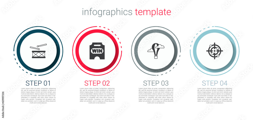 Set Drum with drum sticks, Circus ticket, Hot air balloon and Target sport. Business infographic template. Vector Set Drum with drum sticks, Circus ticket, Hot air balloon and Target sport. Business infographic template. Vector